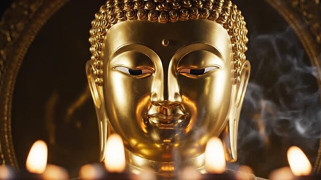 Golden Buddha statue with burning candles and smoke, close up