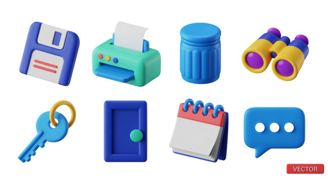Colorful set of office and stationery icons including key, envelope, and markers Vector