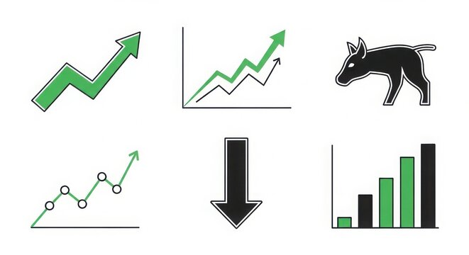 Collage of stock market growth and decline illustrations with white background