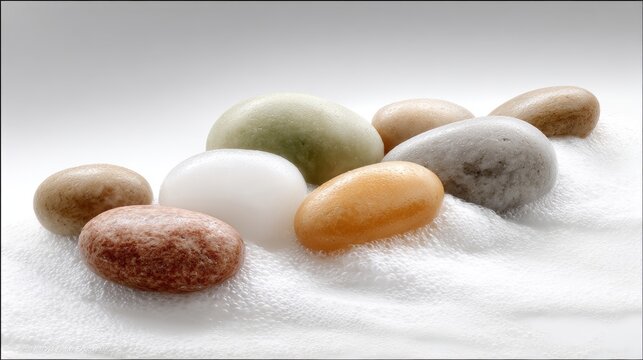 Smooth Rounded River Stones Resting on White Frothy Surface