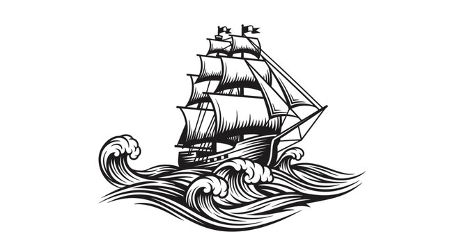 Vintage Sailing Ship Navigating Rough Ocean Waves Engraving.