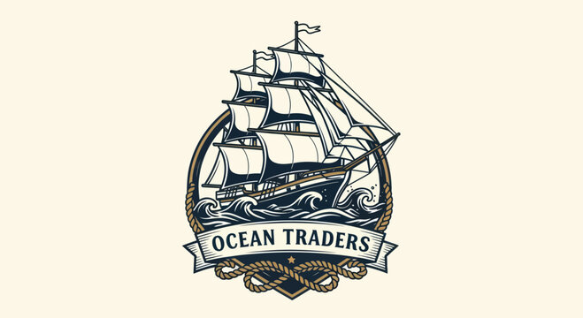 Vintage Sailing Ship Ocean Traders Logo Design.