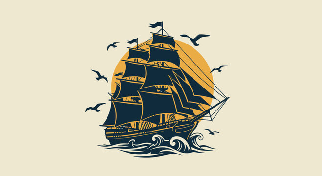 Vintage sailing ship with full sails on ocean waves.