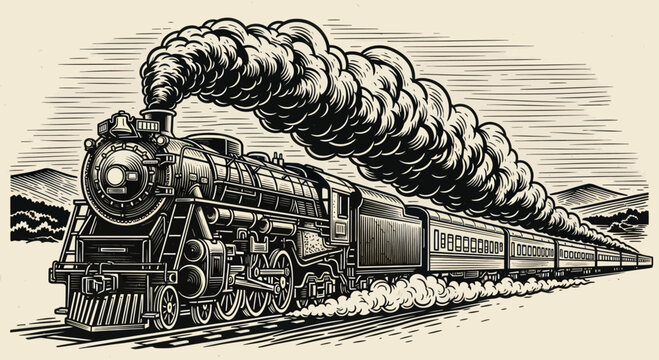 Vintage Steam Locomotive Pulling a Long Train.