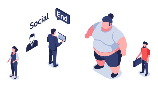 Isometric illustration of an obese person with social media interaction.