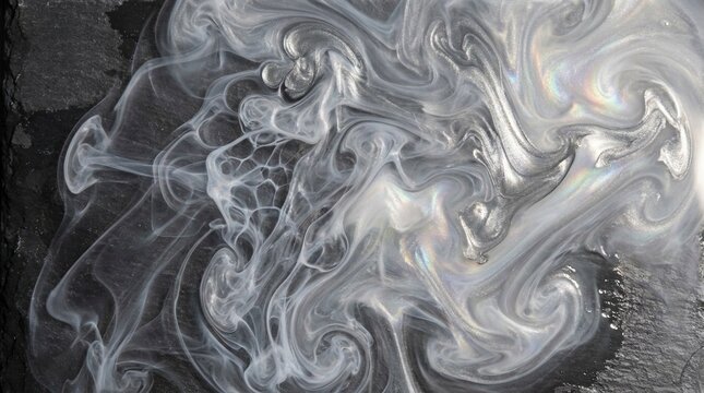 Elegant abstract background of swirling metallic silvr ink and pearlescent whit liquid smoke on a dark tetured surface, luxury flui art concept