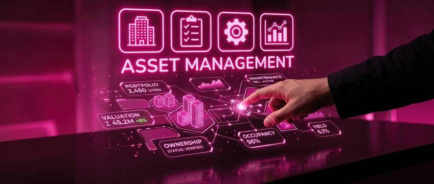 Hand interacting with futuristic asset management interface on a glowing screen