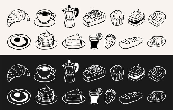 Hand drawn breakfast food icon set featuring coffee, croissant, pancake, and pastry. Isolated doodle elements for cafe menu, bakery branding, and food design projects
