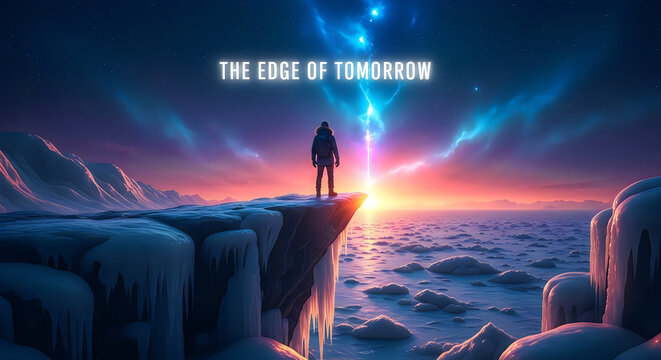 Solitary figure gazes into a vibrant mystical landscape at the edge of tomorrow