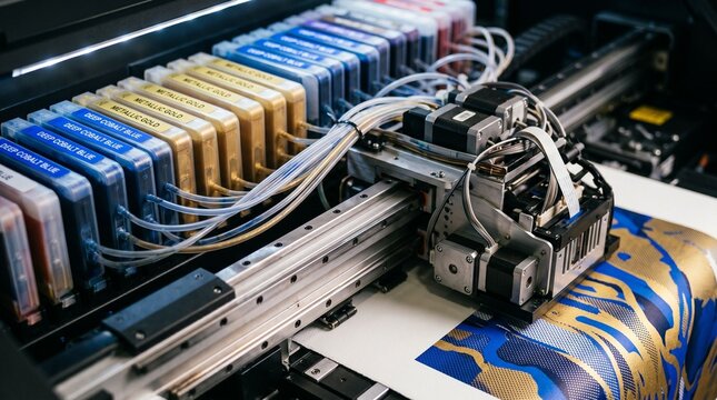 A large industrial printer with multiple ink cartridges and a complex print head in action