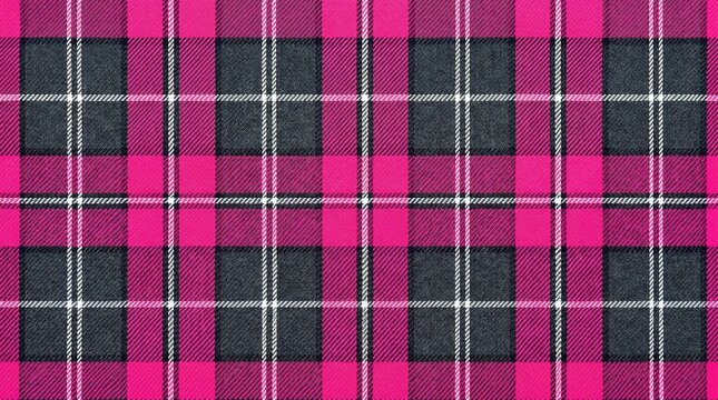 A vibrant pink and black plaid fabric with a classic tartan pattern