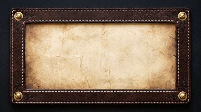 A vintage leather frame with a blank parchment insert on a dark background