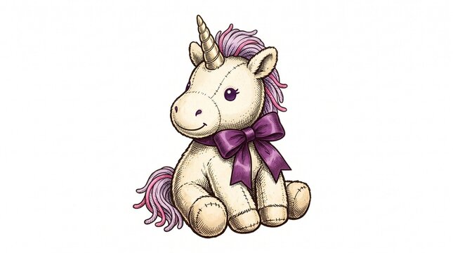 A cute cartoon unicorn toy with a purple bow and pink mane sitting on a white background