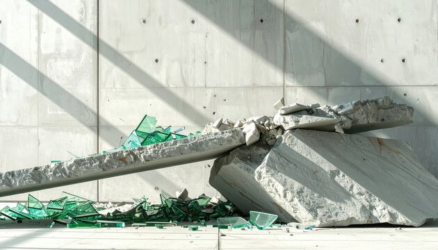 Massive concrete slabs crushing fragile green glass shards in a dramatic display of immense force and destruction