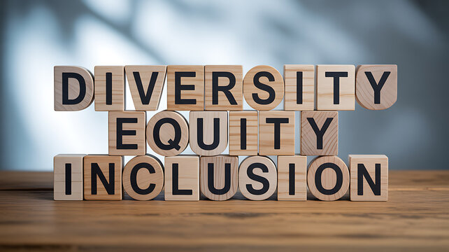 Wooden blocks spelling diversity equity inclusion for engaging brand promotion and marketing