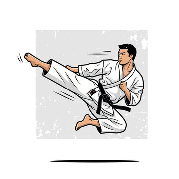 Martial artist performing a flying kick in a karate gi
