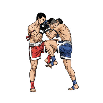 Two Muay Thai fighters sparring, one delivering a knee strike to the other.