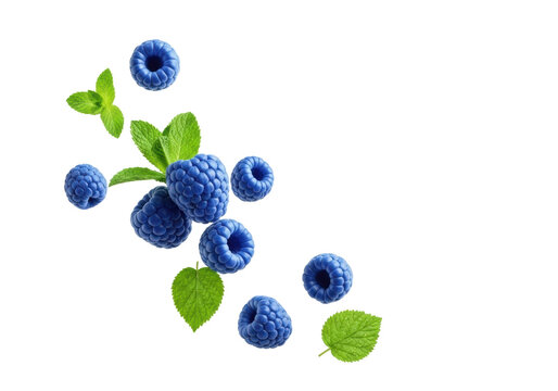Vibrant blue raspberries and fresh green mint leaves dynamically floating on a transparent background, soft studio light, macro sharp focus, high-key commercial photography concept for healthy