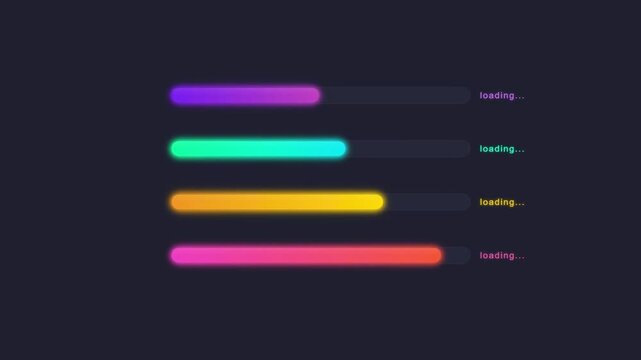 Colorful gradient loading bar set animation with vibrant neon colors on dark background