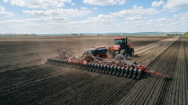 Medium shot of wide implement seed drill working across expansive flat farmland methodically sowing seeds in evenly spaced rows for efficient largescale crop planting.