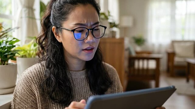 Woman working remotely on tablet in apartment