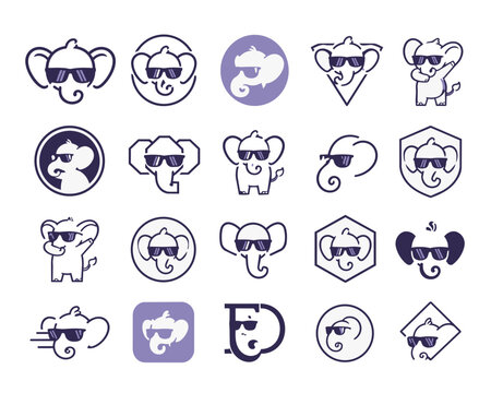 cartoon elephant cool icons set