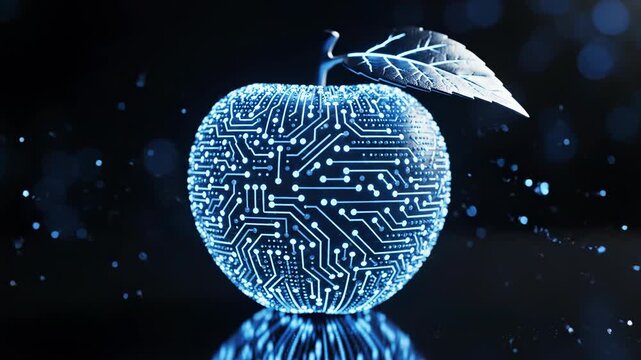 3D render of a futuristic digital apple featuring glowing blue integrated circuit board traces and electronic patterns on a dark reflective surface with bokeh background.