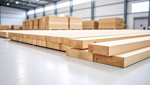 Stacked wooden planks in clean warehouse, construction material background with copy space