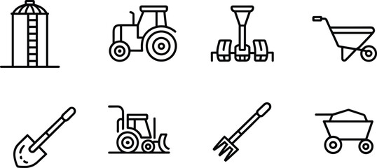 Agriculture tools and farm equipment icon set, tractor silo shovel rake wheelbarrow collection, outline vector illustration, farming symbols isolated © LatifunNahar