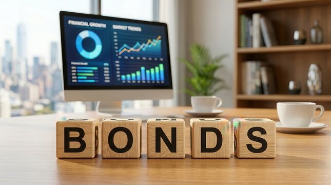 A professional office setting featuring wooden blocks with the word BONDS and financial data on a monitor.