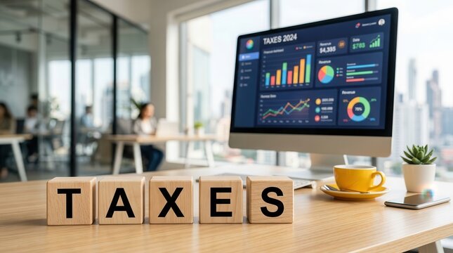 Taxes and tax filing deadline planning concept with financial dashboard on computer screen.