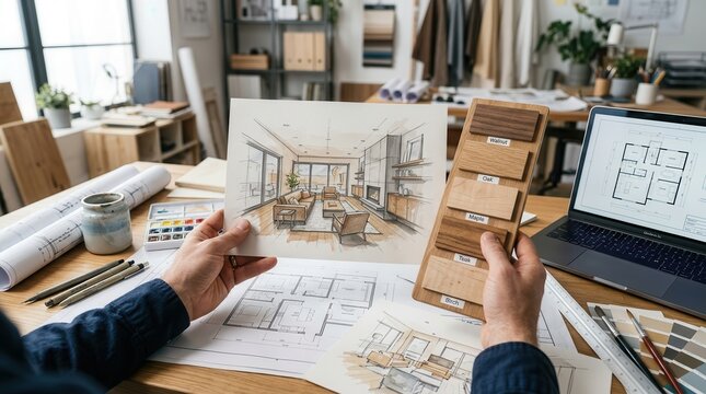 Interior design process featuring hand drawn architectural sketches, blueprints, and wood material swatches.