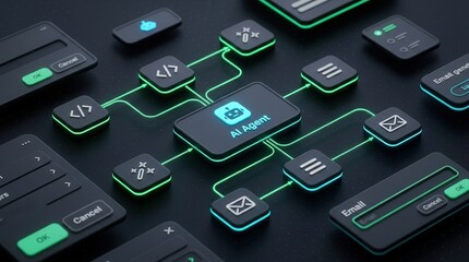Digital workflow automation tool showing interconnected data nodes and AI agent technology interface. © Pinit