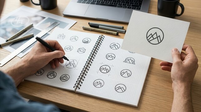 Professional workspace showing a graphic designer's logo design process and sketches.