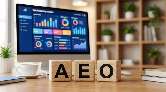 Concept of Answer Engine Optimization AEO for search visibility and organic discovery on a workspace.