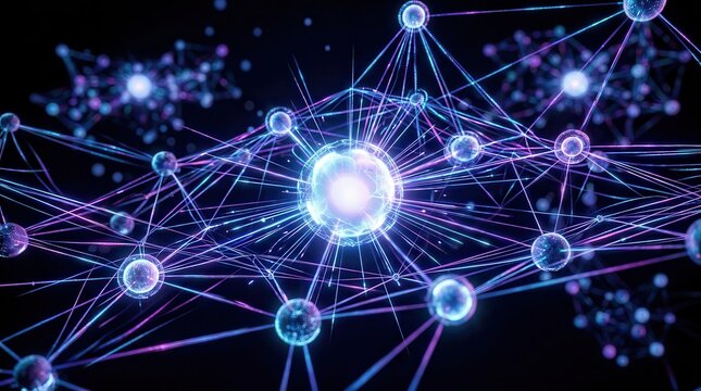 Data science analysis and big data innovation represented by an abstract neural network.