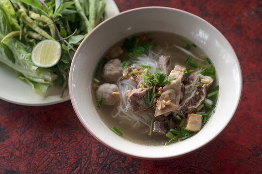 Noodles with beef  with soup in Thai style. Food background.