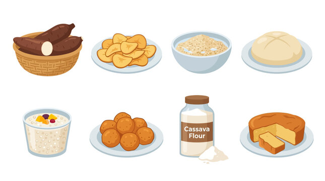 A collection of various delicious cassava products including raw roots, chips, flour, bread, puddings, cakes, and other tasty culinary snacks