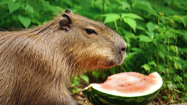 A capybara eats a large slice of watermelon outdoors in a lush green environment.