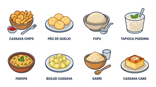 A diverse collection of traditional cassava based dishes including chips pudding cake fufu farofa and boiled roots for healthy eating