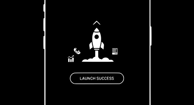 Rocket launch success interface vector illustration featuring mobile application startup growth icons with minimalist white graphic symbols isolated on a dark solid background screen design