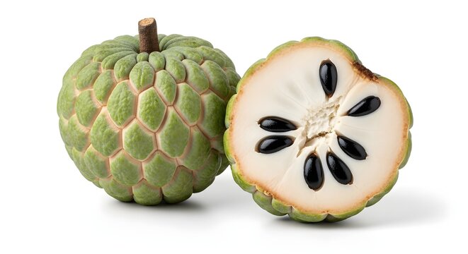 Fresh Custard Apple (Sugar Apple) with Half Cut Showing Black Seeds on White Background