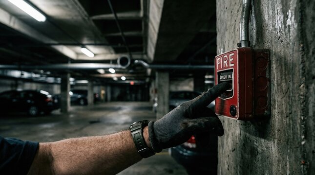 Close focus on a hand testing emergency alarms in an underground garage with the blurred interior structure enhancing the scenes urgency.