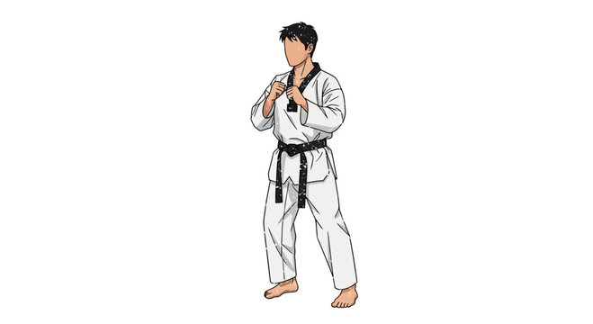 Martial Artist in Taekwondo uniform, black belt, defensive stance