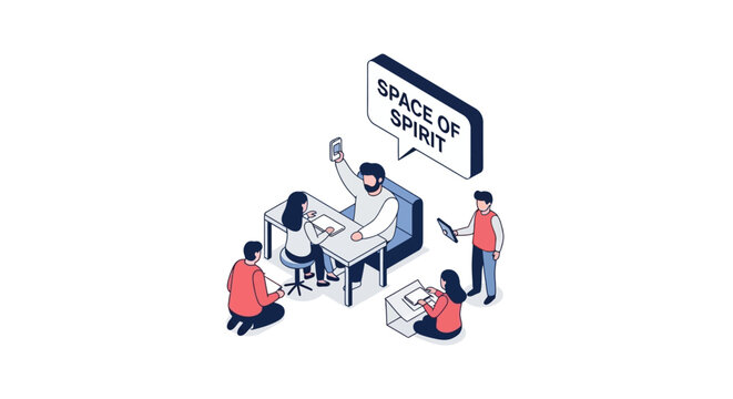 Isometric illustration of a business meeting with speech bubble concept.