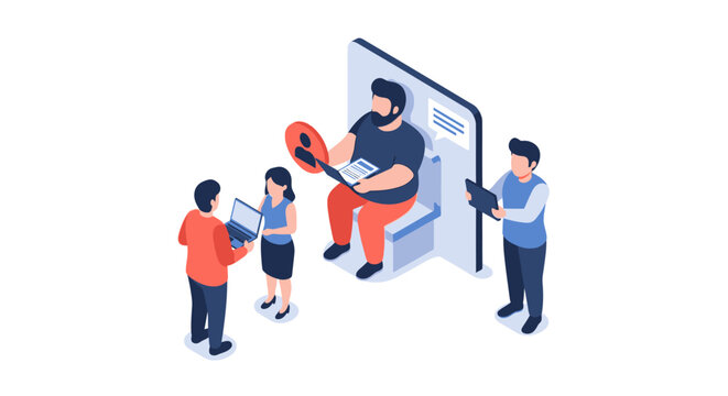 Isometric illustration of a tech support team working together.