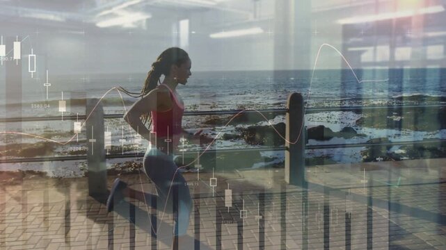 Starting low sprint by rail runner driving, lifting knee, training with market charts overlaying