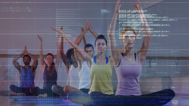 On instructor cue lead woman and five peers lifting arms, joining palms, visualizing breath data