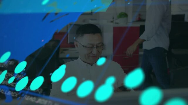 Phone call starting and feeding overlays sweeping across screen, analyst tracking market data