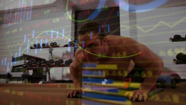 Male trainer starting descent, doing push-ups for fitness with finance tickers overlaying torso